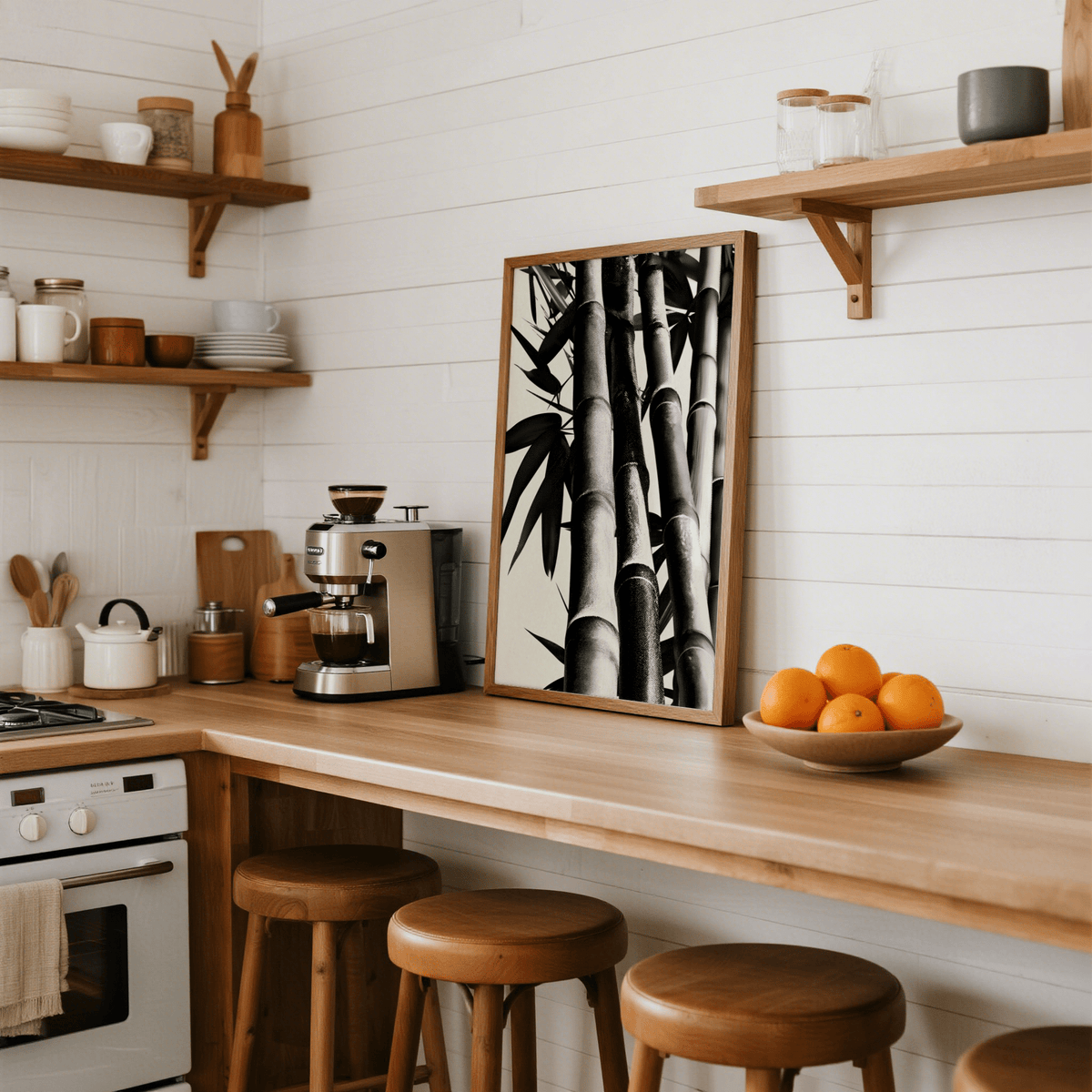 Contemporary Bamboo Black and White Print poster for dining room, Black and White colors
