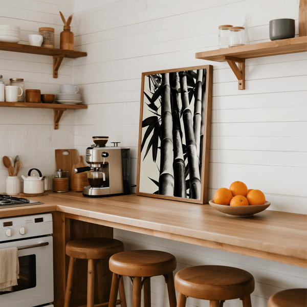 Contemporary Bamboo Black and White Print poster for dining room, Black and White colors