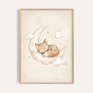 Watercolor fox sleeping on crescent moon wall art print with clouds and stars