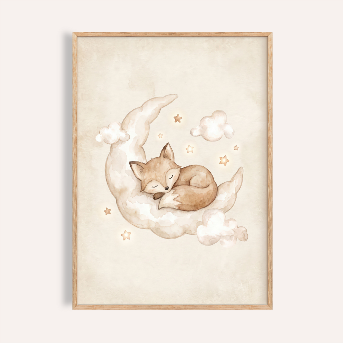 Watercolor fox sleeping on crescent moon wall art print with clouds and stars
