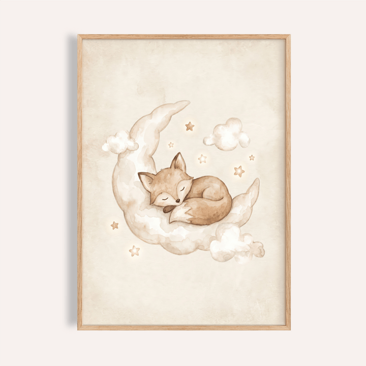 Watercolor fox sleeping on crescent moon wall art print with clouds and stars