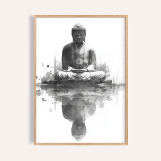 Framed Meditation Statue Reflection wall art in black and white tones on a pale background