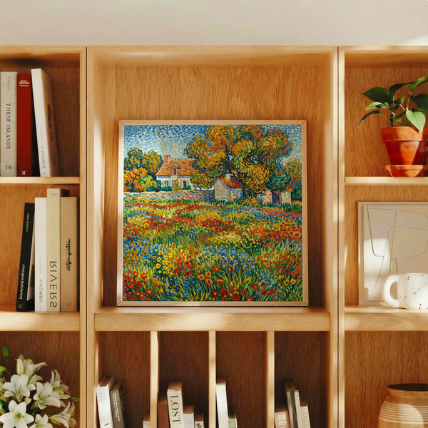 Colorful Floral Landscape Art wall art with red, green tones for hallway
