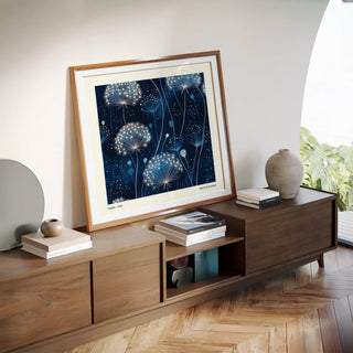 High-contrast navy background in glowing blue art work