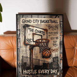 Urban graffiti hoop illustration on concrete wall with orange and black drips