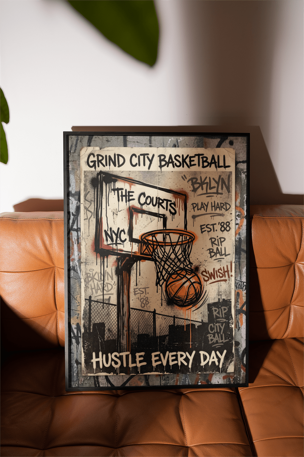 Urban graffiti hoop illustration on concrete wall with orange and black drips