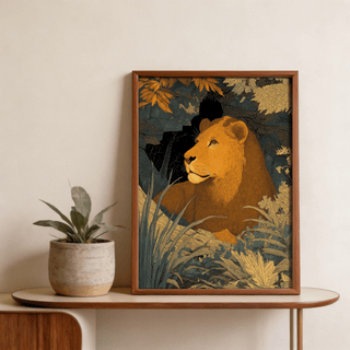 Wildlife Art Print showing a lion in profile surrounded by foliage