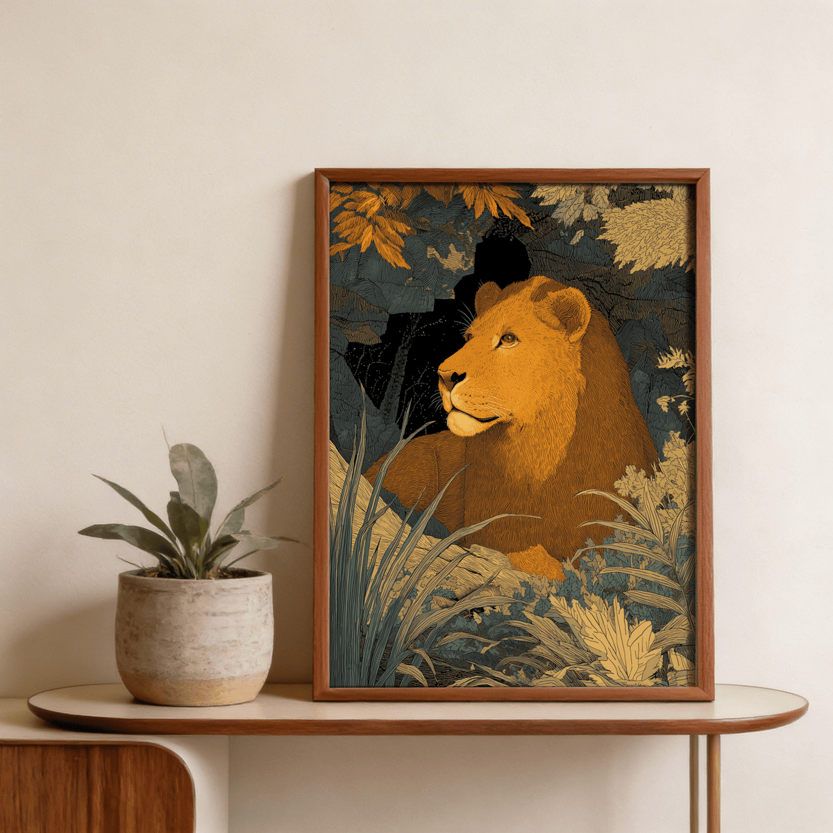 Wildlife Art Print showing a lion in profile surrounded by foliage