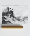 Waterfall flowing beneath tiger in grayscale ink work, Asian tiger art wall print.
