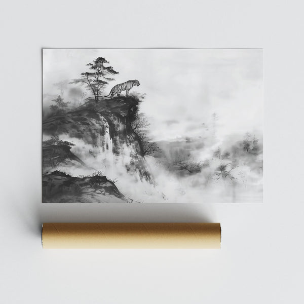 Waterfall flowing beneath tiger in grayscale ink work, Asian tiger art wall print.