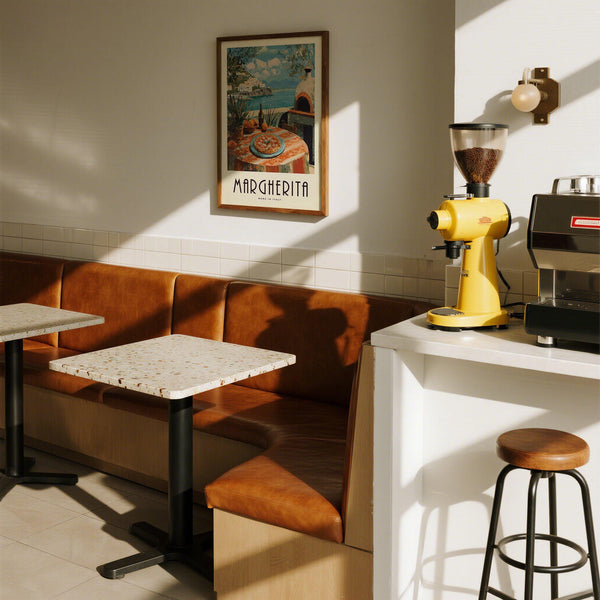 Margherita pizza featured in vintage Italian food prints with wood-fired oven in background.