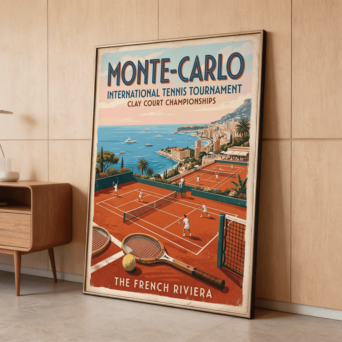 Monte Carlo Tennis Print illustration of players rallying on orange surface
