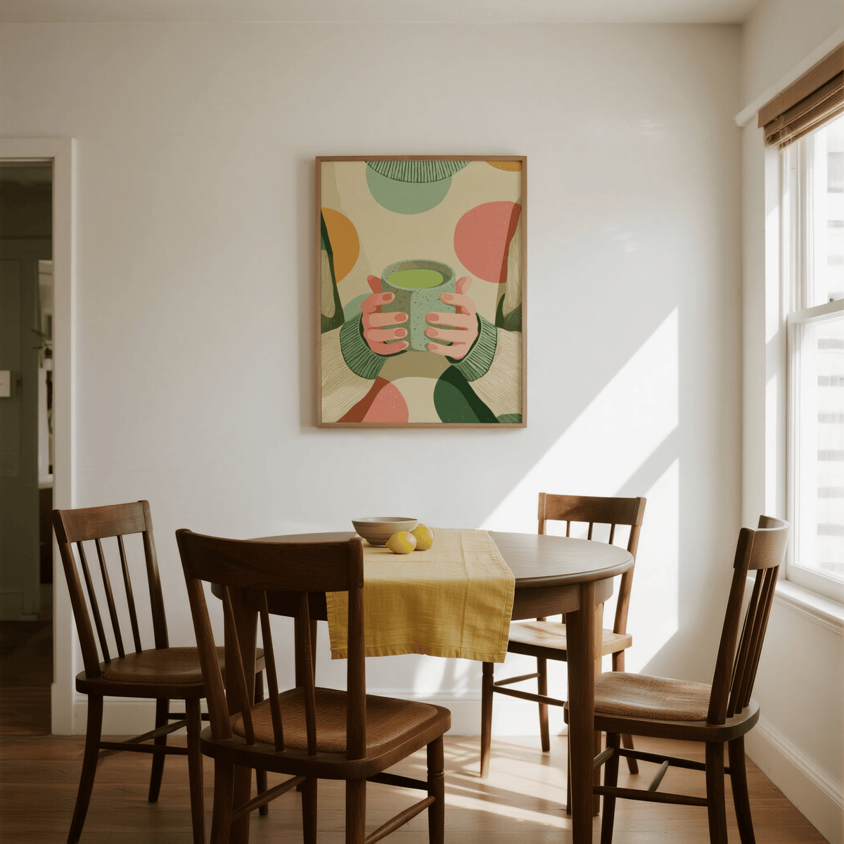 Cozy Matcha Art wall art for bedroom featuring green and orange color