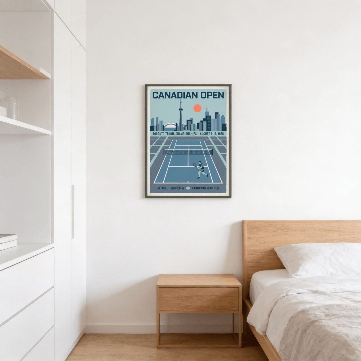 Retro sports poster print showing overhead tennis court and city skyline