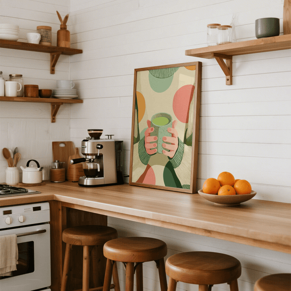 Cozy Matcha Art poster with orange, green, pink tones for kitchen wall