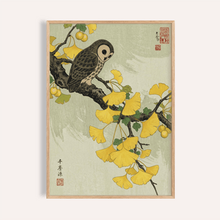 Owl and Ginkgo Print with Yellow, Green, and Gray for bedroom wall art