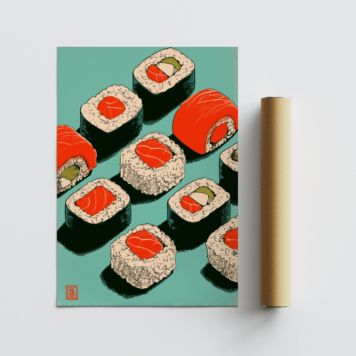 Modern Sushi Art Print, Red, Green, Blue in breakfast nook