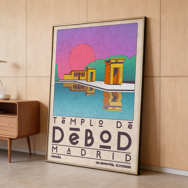 Graphic Templo De Debod Art Print with bold lettering and shoreline walkway