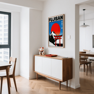Fujisan Wall Art featuring White mountaintop, Red sun for hallway poster