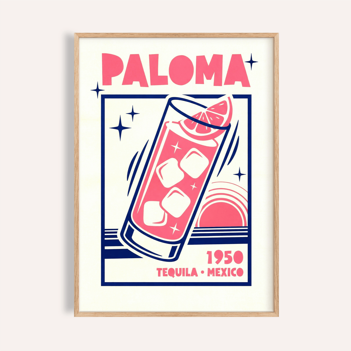 Paloma Cocktail Print with Pink and Blue colors, perfect for kitchen wall art