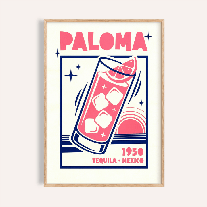 Paloma Cocktail Print with Pink and Blue colors, perfect for kitchen wall art