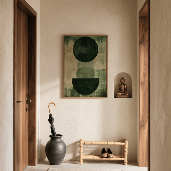 Contemporary Green Wabi Sabi Print for entryway with soft green and beige palette