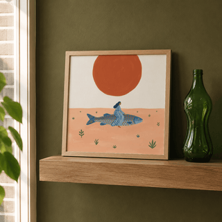 Flat-color illustration print of an oversized fish and figure beneath a bold round sun