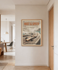 Close-up of the race car cockpit and front wing on a retro Formula 1 style poster print