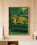 Detailed illustration poster of a lion sleeping on a couch with patterned wall and window view