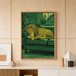 Detailed illustration poster of a lion sleeping on a couch with patterned wall and window view