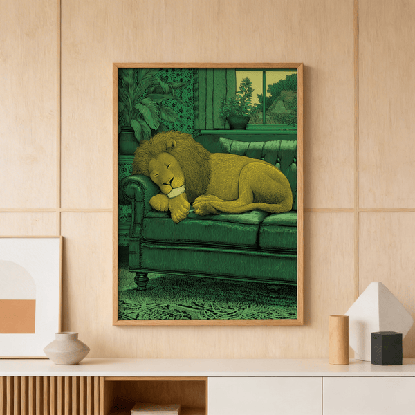Detailed illustration poster of a lion sleeping on a couch with patterned wall and window view