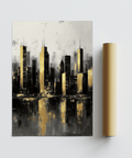 Gold and Black Skyline Poster with reflective gold accents for bedroom wall in gray and white