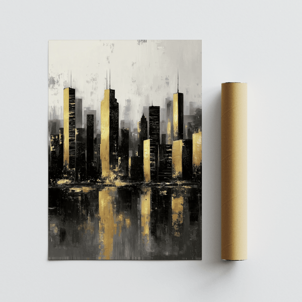 Gold and Black Skyline Poster with reflective gold accents for bedroom wall in gray and white