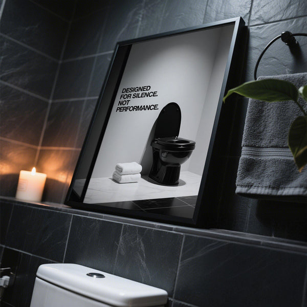 Contemporary Funny Toilet Wall Art with glossy black toilet.