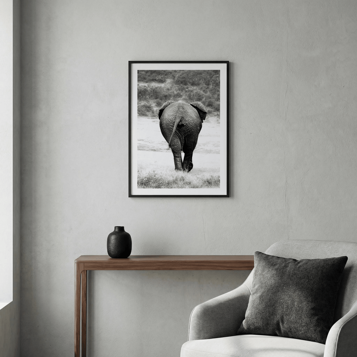 Nature Animal Wall Art featuring an elephant walking away, photo poster