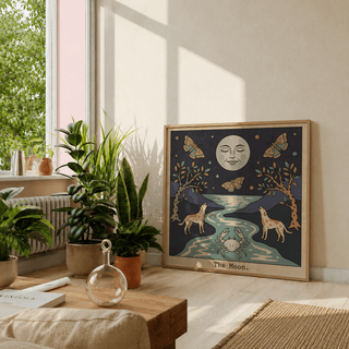 Storybook-style wall art print with two wolves looking toward a moon over a winding river