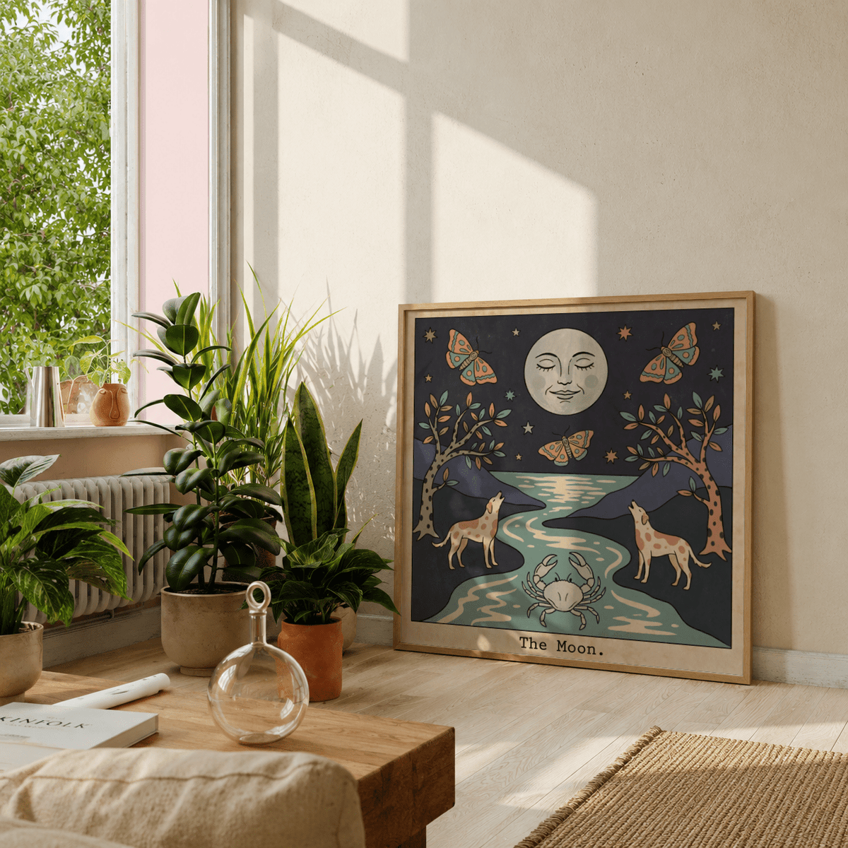 Storybook-style wall art print with two wolves looking toward a moon over a winding river