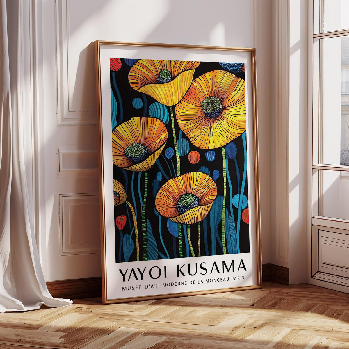 Art of Poppies with bold orange and yellow flowers on black background.