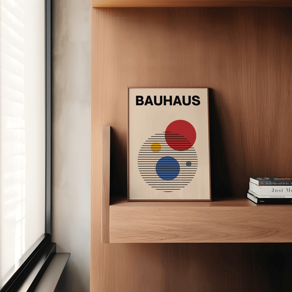 Minimalist Abstract Circle Wall Art with Red, Blue, Beige, art print for office