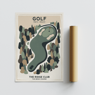 Graphic fairway map print leaning on wooden shelf