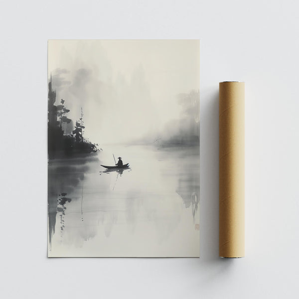 Japanese Ink Painting depicting calm waters and a meditative lone boatman.