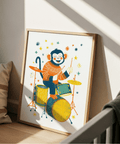 Fun Monkey Drummer Art Print in Multicolored for nursery wall decor