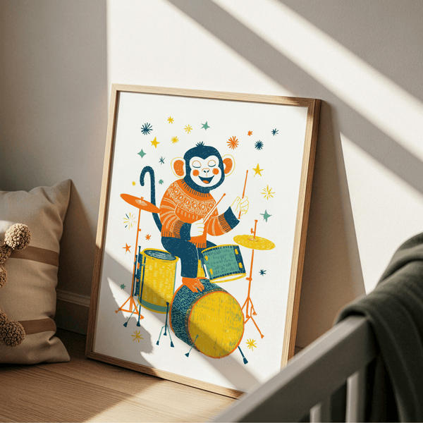 Fun Monkey Drummer Art Print in Multicolored for nursery wall decor
