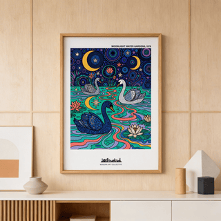 Decorative swan wall art print with dotted textures and lily pads