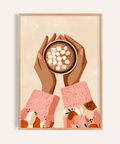 Hot Cocoa Wall Art print with brown, pink, and beige colors for kitchen