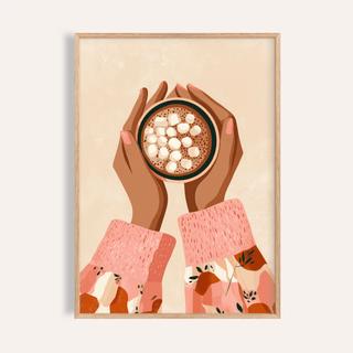 Hot Cocoa Wall Art print with brown, pink, and beige colors for kitchen