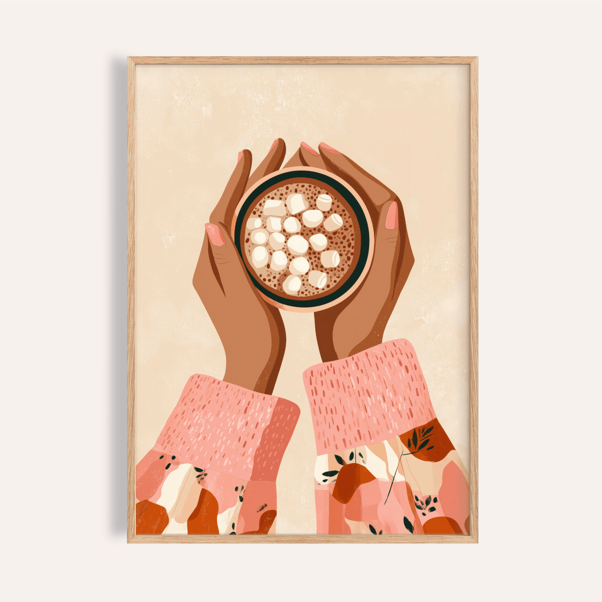 Hot Cocoa Wall Art print with brown, pink, and beige colors for kitchen
