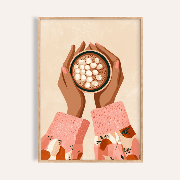 Hot Cocoa Wall Art print with brown, pink, and beige colors for kitchen