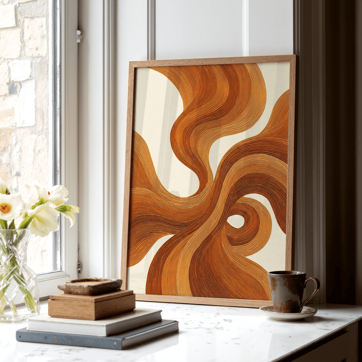 Wall Art with Burnt Orange, flowing lines, orange and brown, bedroom decor