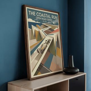 Streamlined race car illustration detail on retro motorsport wall art print